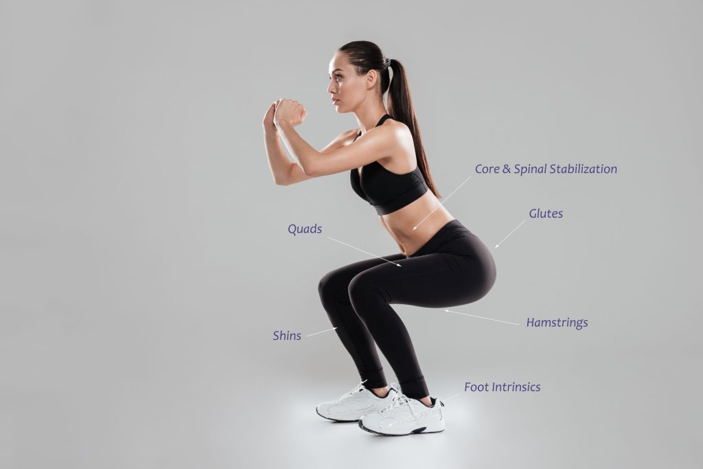 Full length of concentrated young woman athlete doing squats VUONS